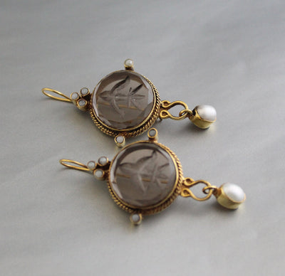 Intaglio Glass Earrings, Art Nouveau Style, Brass Dangles, photo 10