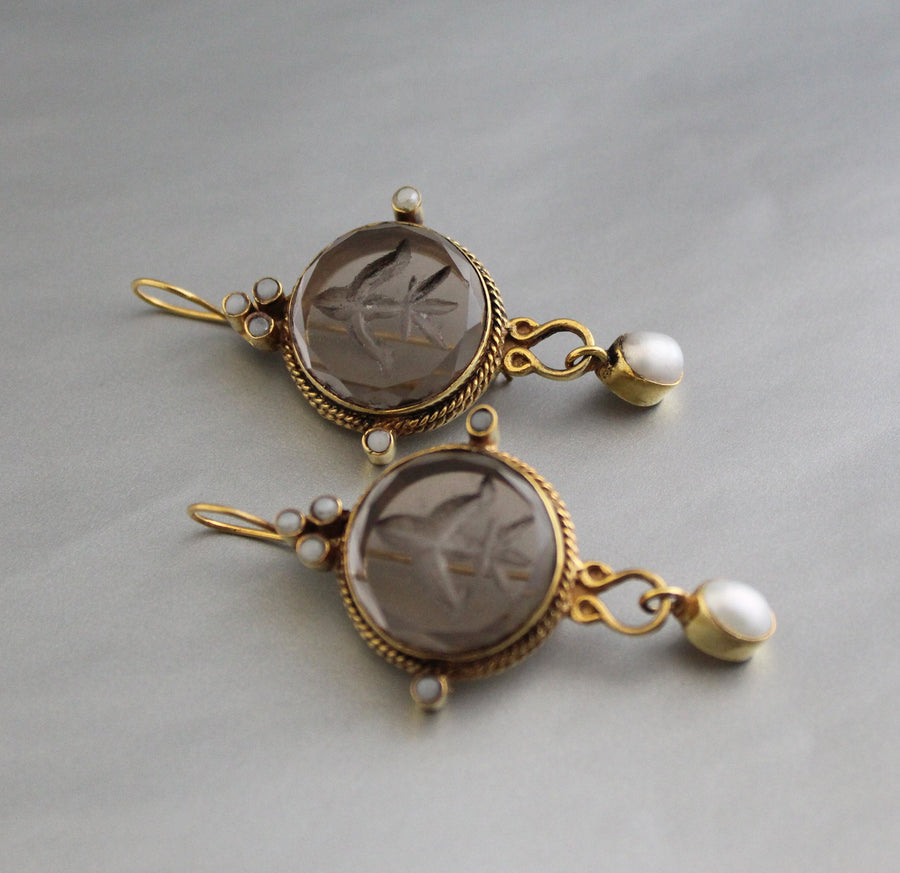 Intaglio Glass Earrings, Art Nouveau Style, Brass Dangles, photo 10