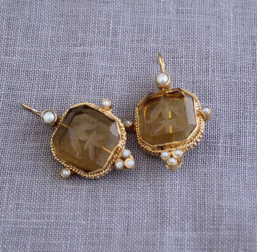 Yellow Glass Intaglio Earrings, Victorian Bridal, Brass with Pearls, photo 7