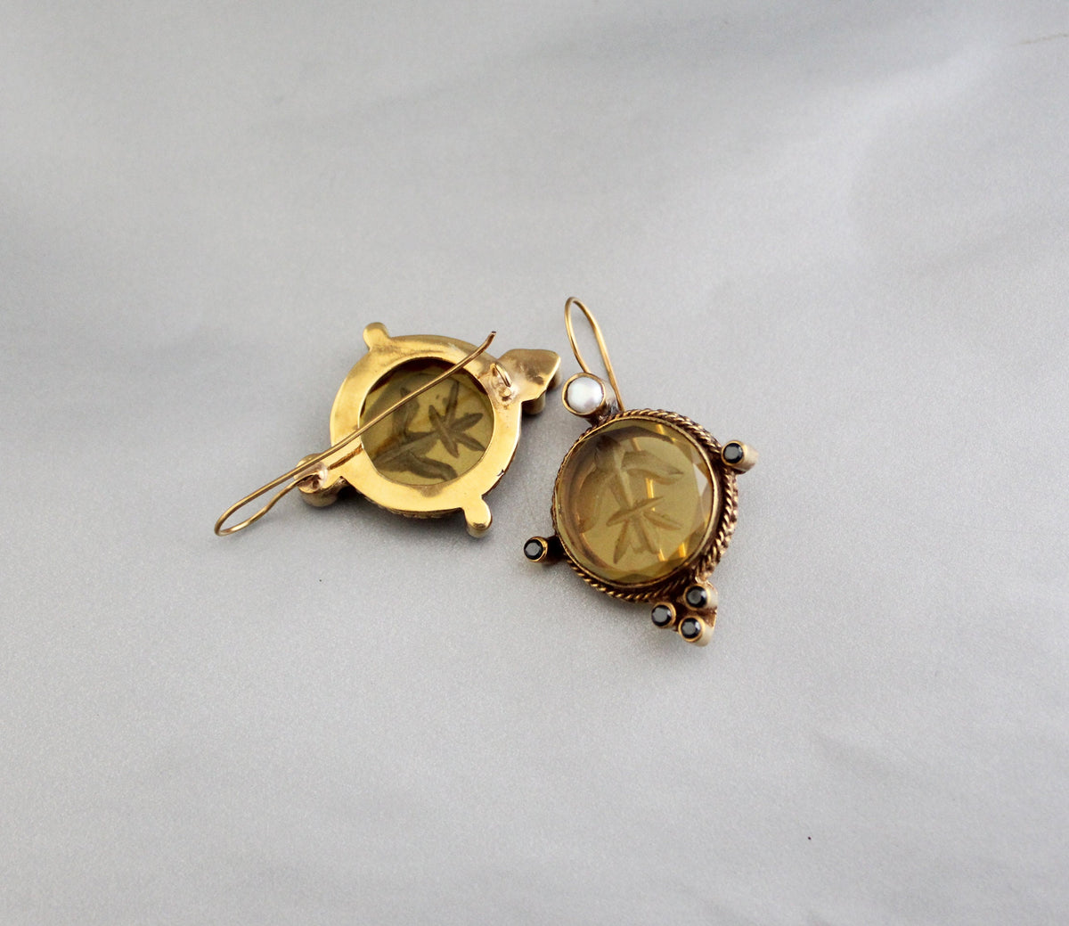Yellow Intaglio Glass Earrings, Bridal Pearl Accent, Brass, photo 10
