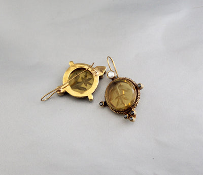 Yellow Intaglio Glass Earrings, Bridal Pearl Accent, Brass, photo 10