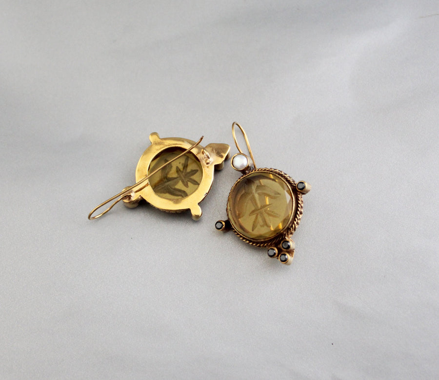 Yellow Intaglio Glass Earrings, Bridal Pearl Accent, Brass, photo 10