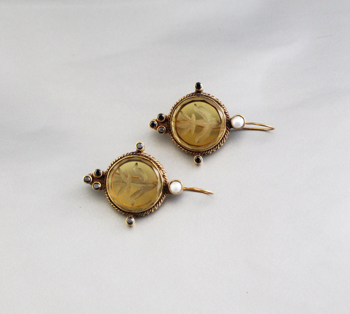 Yellow Intaglio Glass Earrings, Bridal Pearl Accent, Brass, photo 9