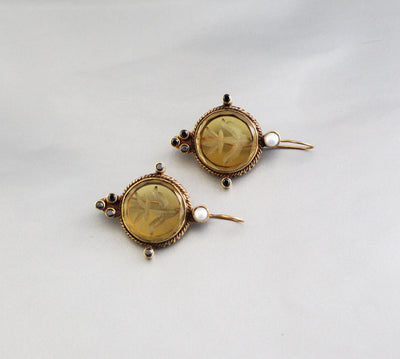 Yellow Intaglio Glass Earrings, Bridal Pearl Accent, Brass, photo 9