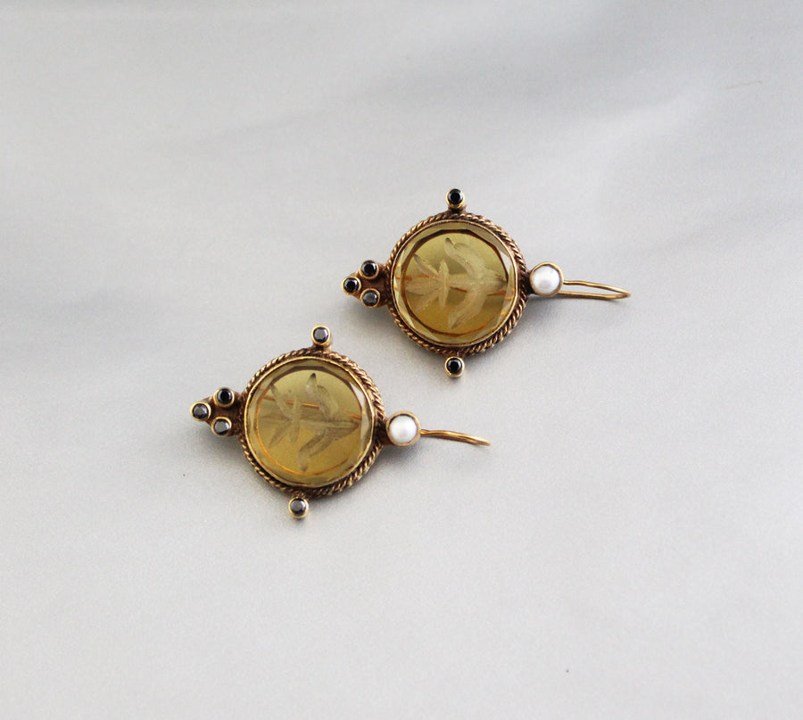 Yellow Intaglio Glass Earrings, Bridal Pearl Accent, Brass, photo 9