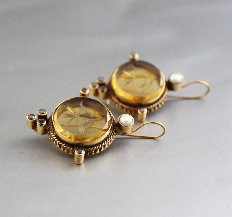 Yellow Intaglio Glass Earrings, Bridal Pearl Accent, Brass, photo 5