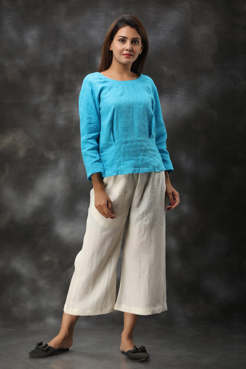 Sky Blue Linen Top, 3/4 Sleeve