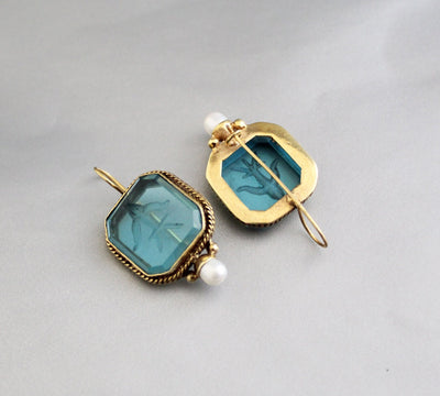 Blue Glass Intaglio Earrings, Vintage Gold Brass Dangles, photo 2