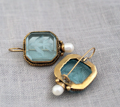 Blue Glass Intaglio Earrings, Vintage Gold Brass Dangles, photo 5