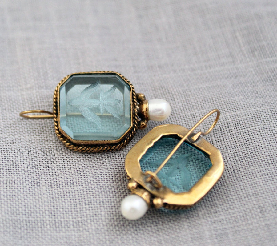 Blue Glass Intaglio Earrings, Vintage Gold Brass Dangles, photo 5