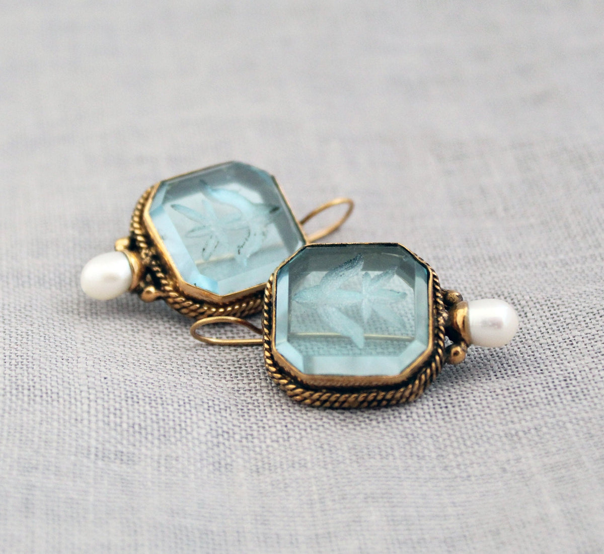 Blue Glass Intaglio Earrings, Vintage Gold Brass Dangles, photo 7