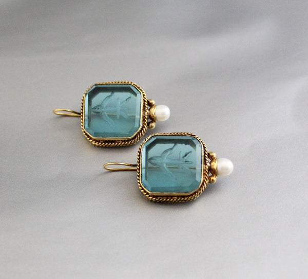 Blue Glass Intaglio Earrings, Vintage Gold Brass Dangles