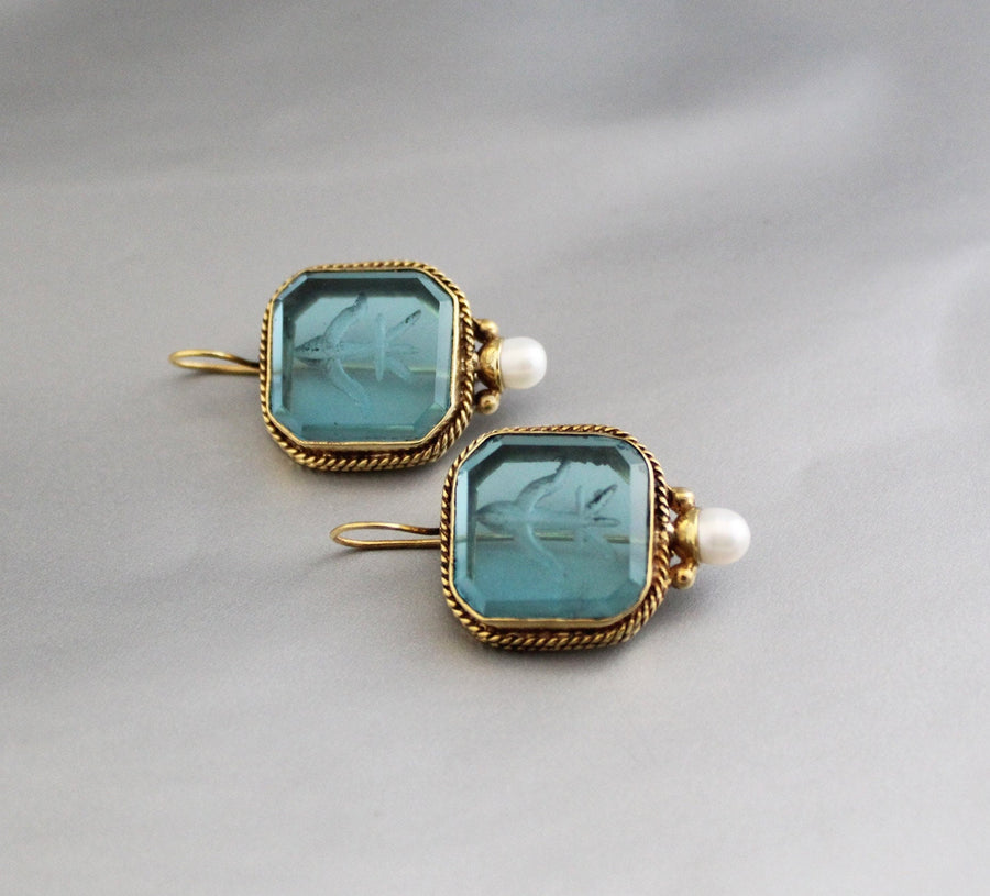 Blue Glass Intaglio Earrings, Vintage Gold Brass Dangles
