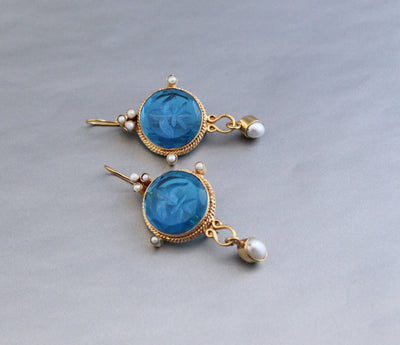 Blue Intaglio Earrings, Ancient Roman Style, Victorian Gold, photo 7