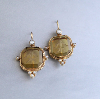 Yellow Glass Intaglio Earrings, Victorian Bridal, Brass with Pearls, photo 2