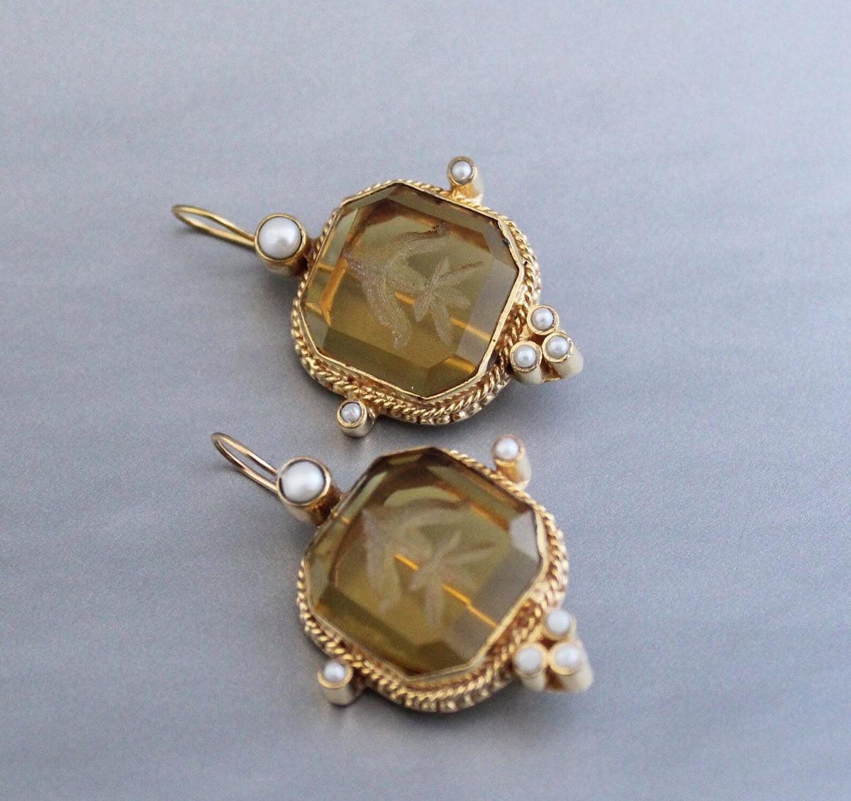 Yellow Glass Intaglio Earrings, Victorian Bridal, Brass with Pearls, photo 6