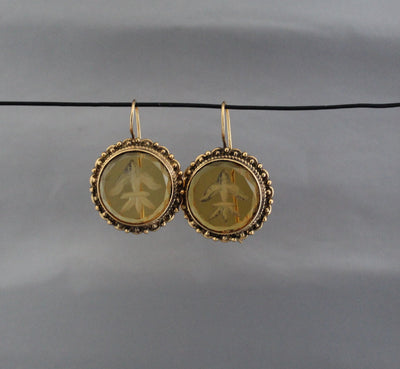 Yellow Intaglio Glass Earrings, Victorian Bridal Dangles, Brass, photo 8