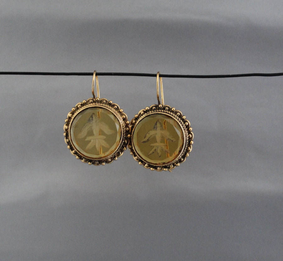Yellow Intaglio Glass Earrings, Victorian Bridal Dangles, Brass, photo 8