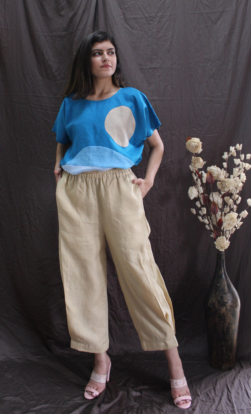 Sky Blue Abstract Linen Top
