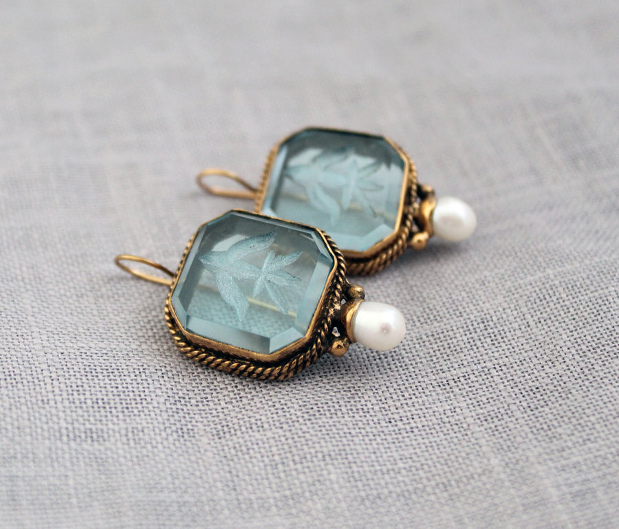 Blue Glass Intaglio Earrings, Vintage Gold Brass Dangles, photo 8