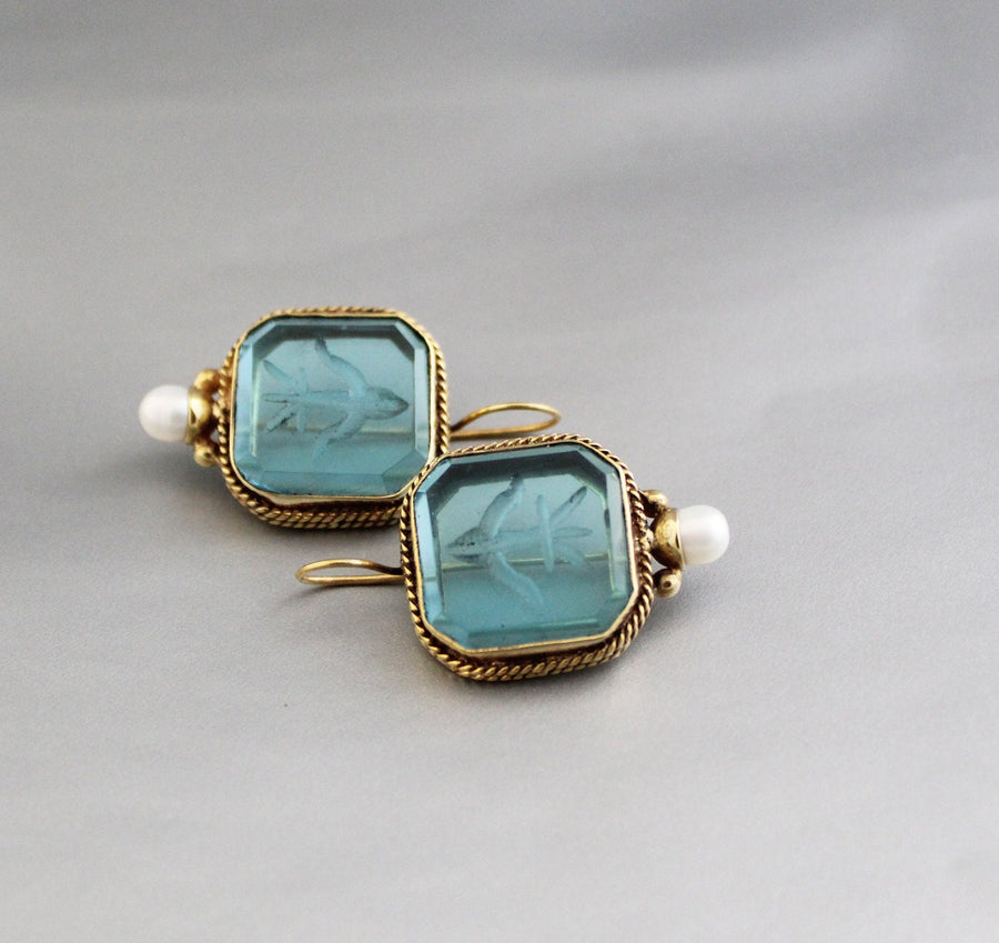 Blue Glass Intaglio Earrings, Vintage Gold Brass Dangles, photo 6
