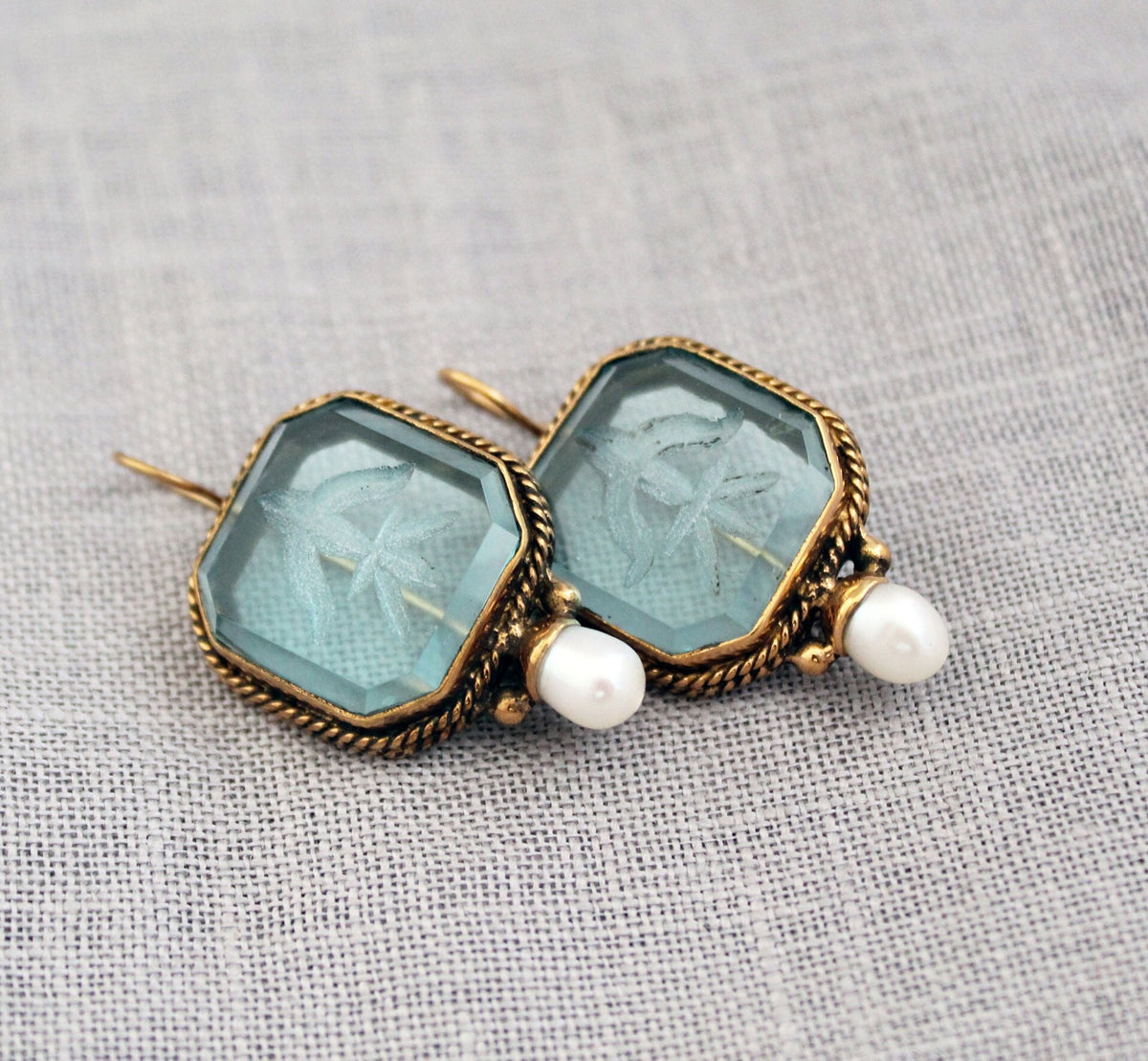 Blue Glass Intaglio Earrings, Vintage Gold Brass Dangles, photo 4