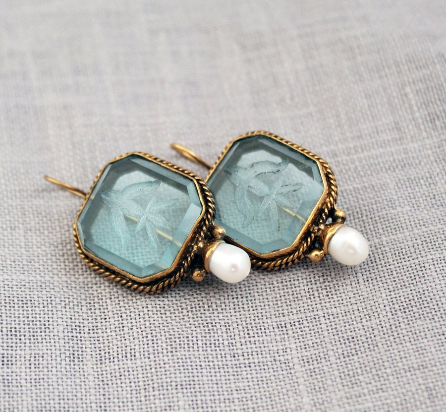 Blue Glass Intaglio Earrings, Vintage Gold Brass Dangles, photo 4