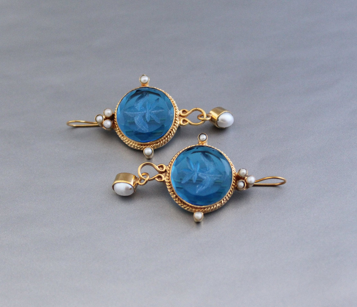 Blue Intaglio Earrings, Ancient Roman Style, Victorian Gold, photo 10