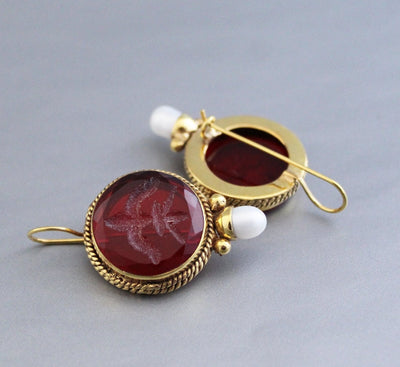 Red Intaglio Crystal Earrings, Gold Filled