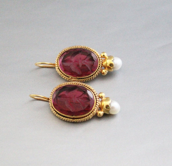 Red Intaglio Crystal Earrings, Italian Art Deco Style