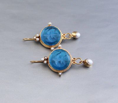 Blue Quartz Intaglio Earrings, Vintage Style with Pearl, photo 2