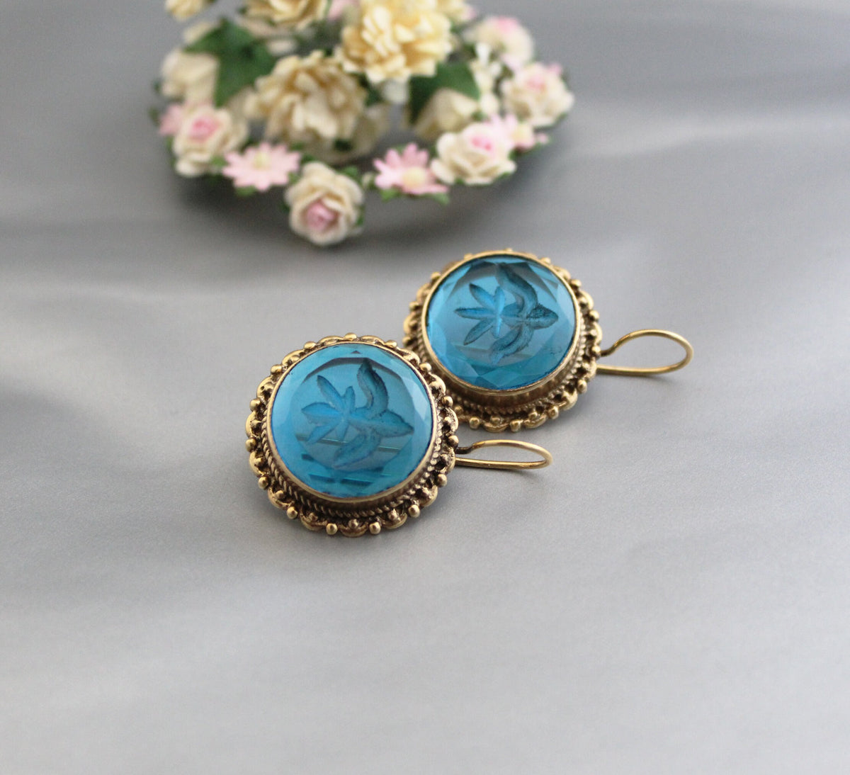 Blue Glass Intaglio Earrings, Victorian Art Deco Style, Brass, photo 14