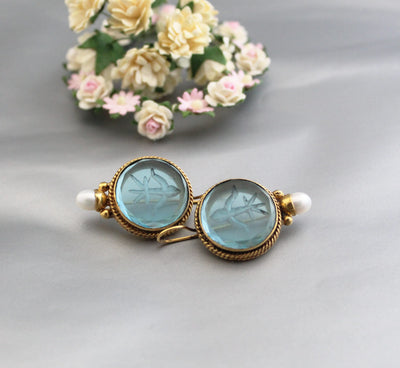 Blue Glass Intaglio Earrings, Vintage Style, Gold Vermeil, photo 9