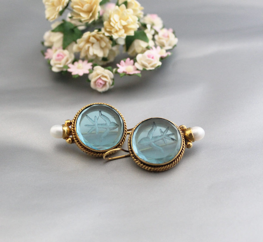 Blue Glass Intaglio Earrings, Vintage Style, Gold Vermeil, photo 9