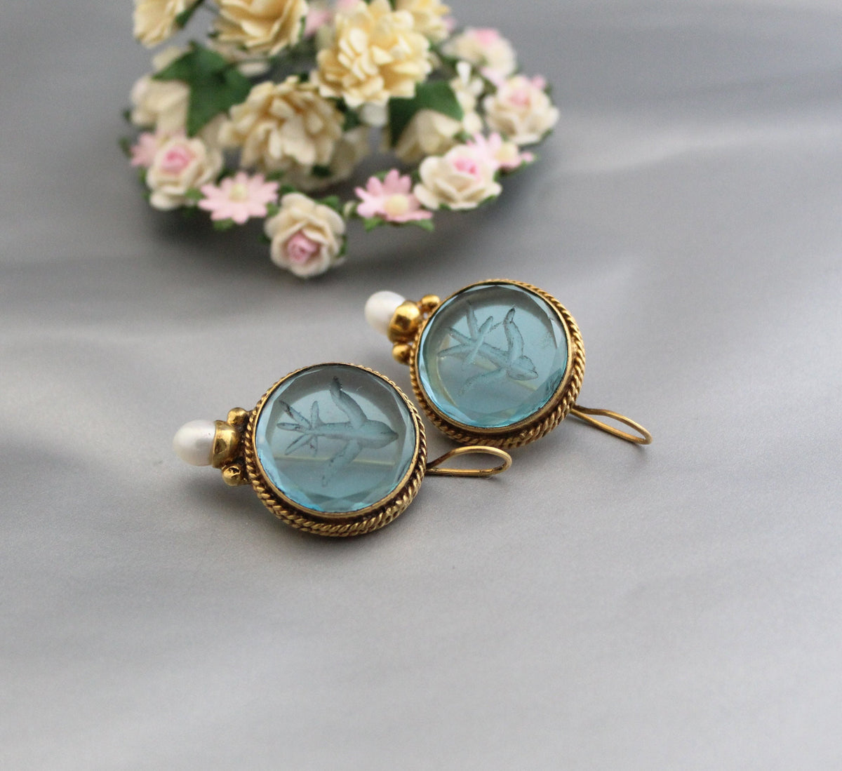 Blue Glass Intaglio Earrings, Vintage Style, Gold Vermeil