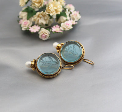 Blue Glass Intaglio Earrings, Vintage Style, Gold Vermeil