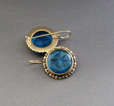 Blue Glass Intaglio Earrings, Victorian Art Deco Style, Brass, photo 8