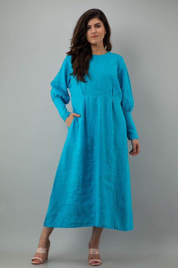 Blue Long Sleeve Linen Midi Dress