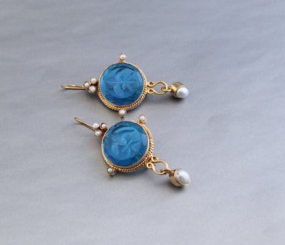 Blue Quartz Intaglio Earrings, Vintage Style with Pearl, photo 5