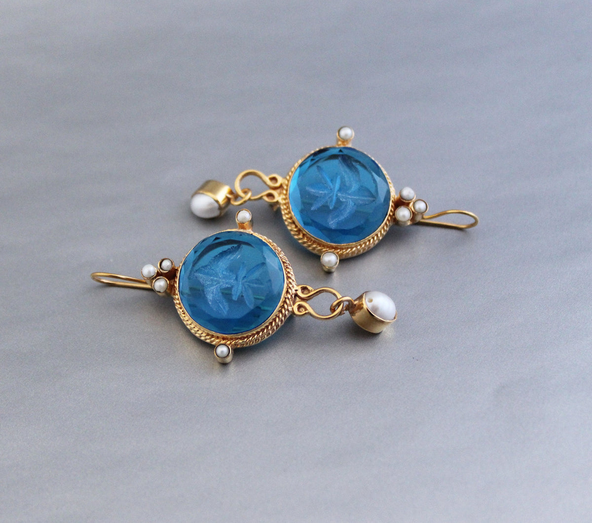 Blue Quartz Intaglio Earrings, Vintage Style with Pearl, photo 4