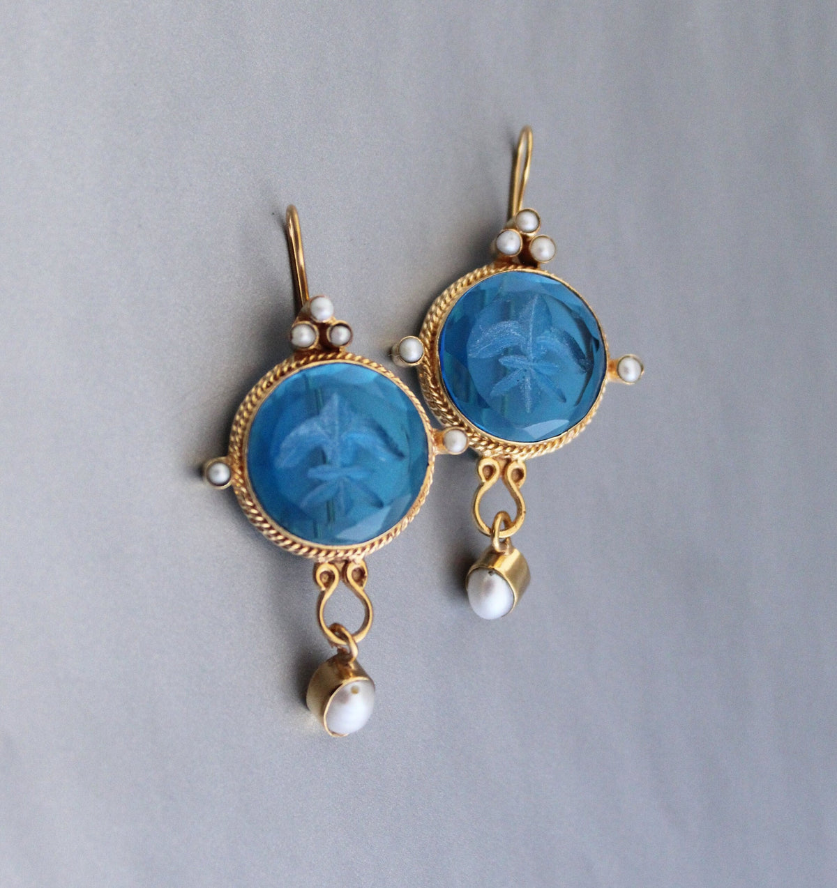 Blue Quartz Intaglio Earrings, Vintage Style with Pearl