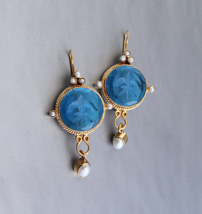 Blue Quartz Intaglio Earrings, Vintage Style with Pearl