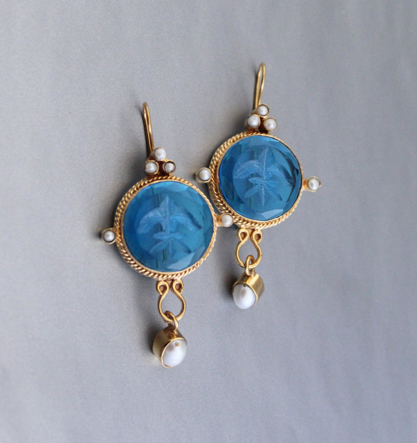 Blue Quartz Intaglio Earrings, Vintage Style with Pearl