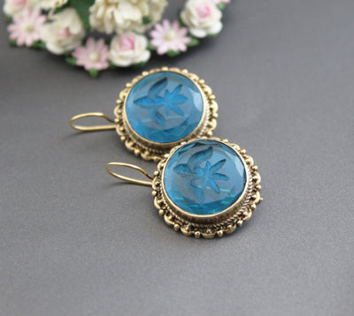Blue Glass Intaglio Earrings, Victorian Art Deco Style, Brass, photo 11