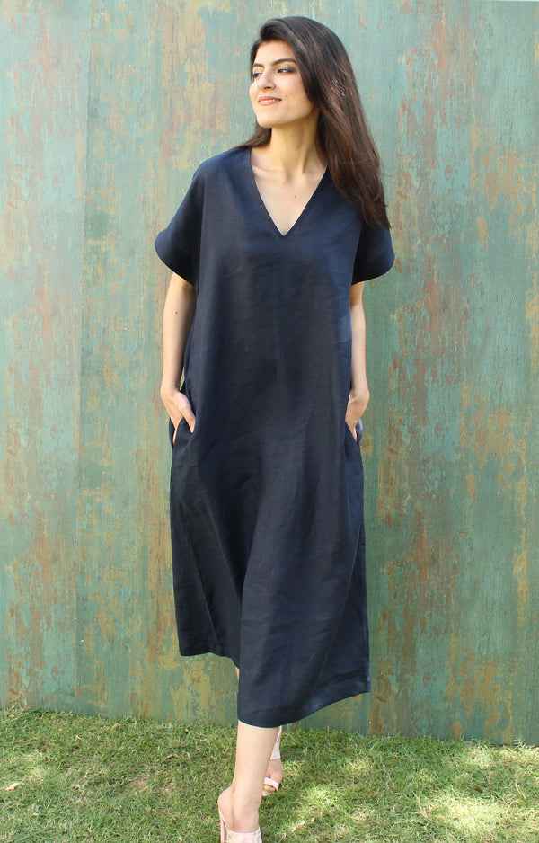 Blue Relaxed Fit Linen Maxi Dress