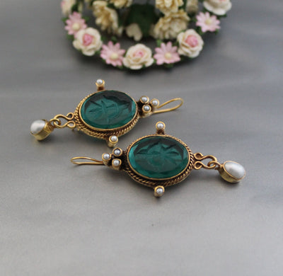 Green Intaglio Earrings, Victorian Style, 18K Gold, photo 5