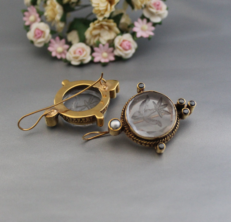 Intaglio Crystal Earrings, Edwardian Style, 18K Gold Vermeil, photo 2