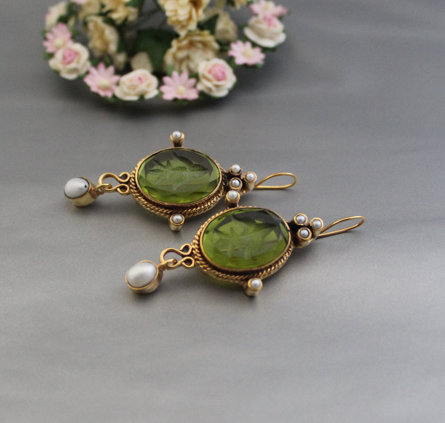 Green Intaglio Crystal Earrings, Art Deco Style, Gold