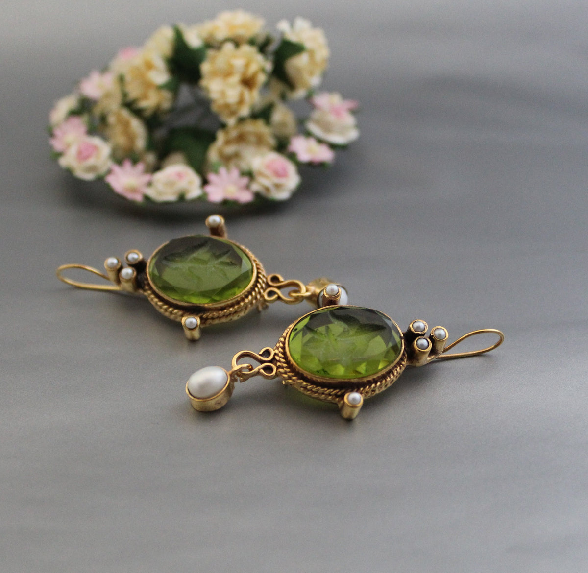 Green Intaglio Crystal Earrings, Art Deco Style, Gold, photo 3