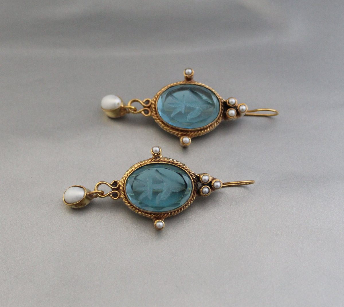 Blue Glass Intaglio Earrings, Victorian Style, 18K Gold Vermeil, photo 14
